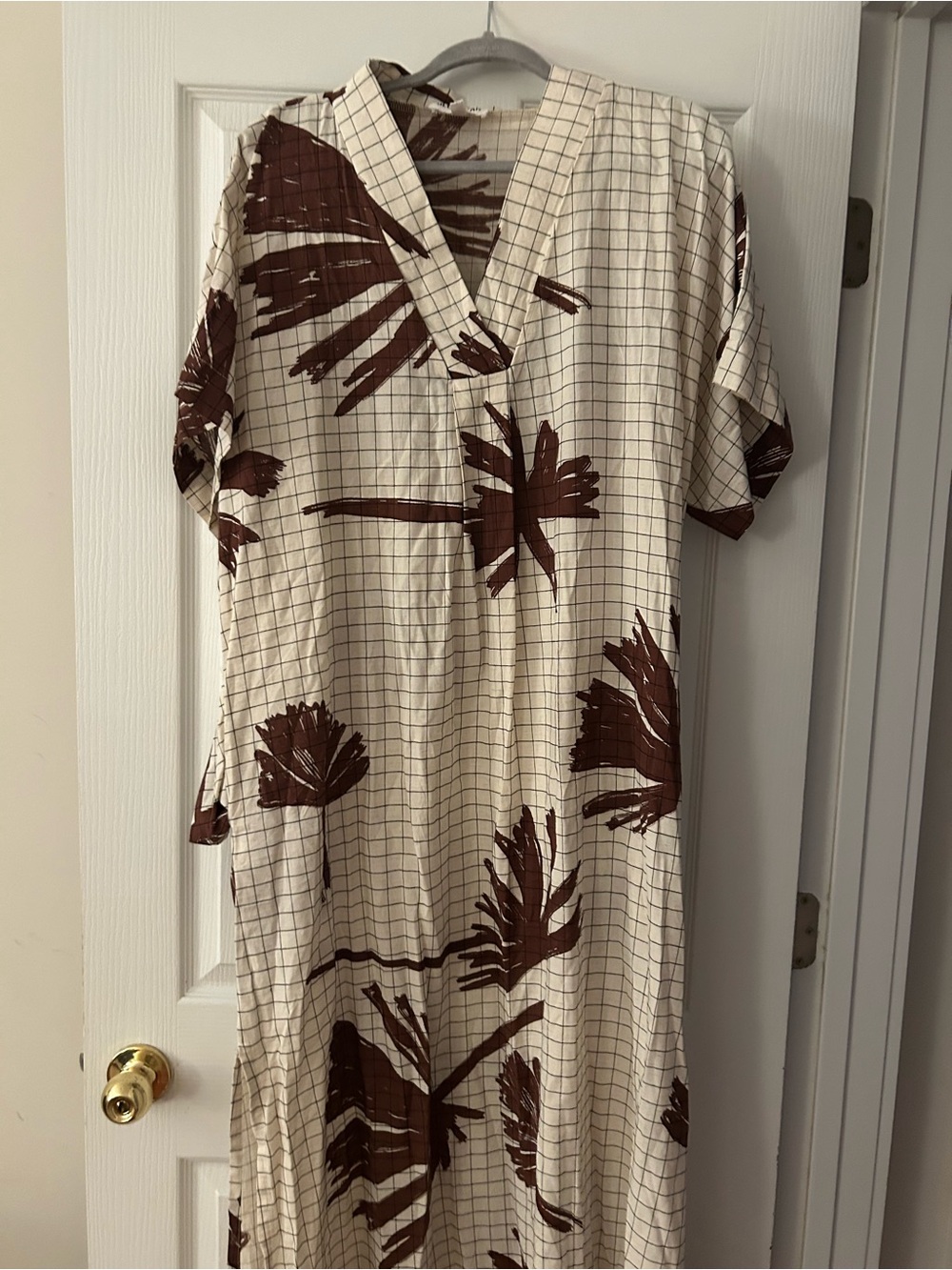 Bel Kazan v-Neck Grid Print Maxi Dress in Cream and Brown